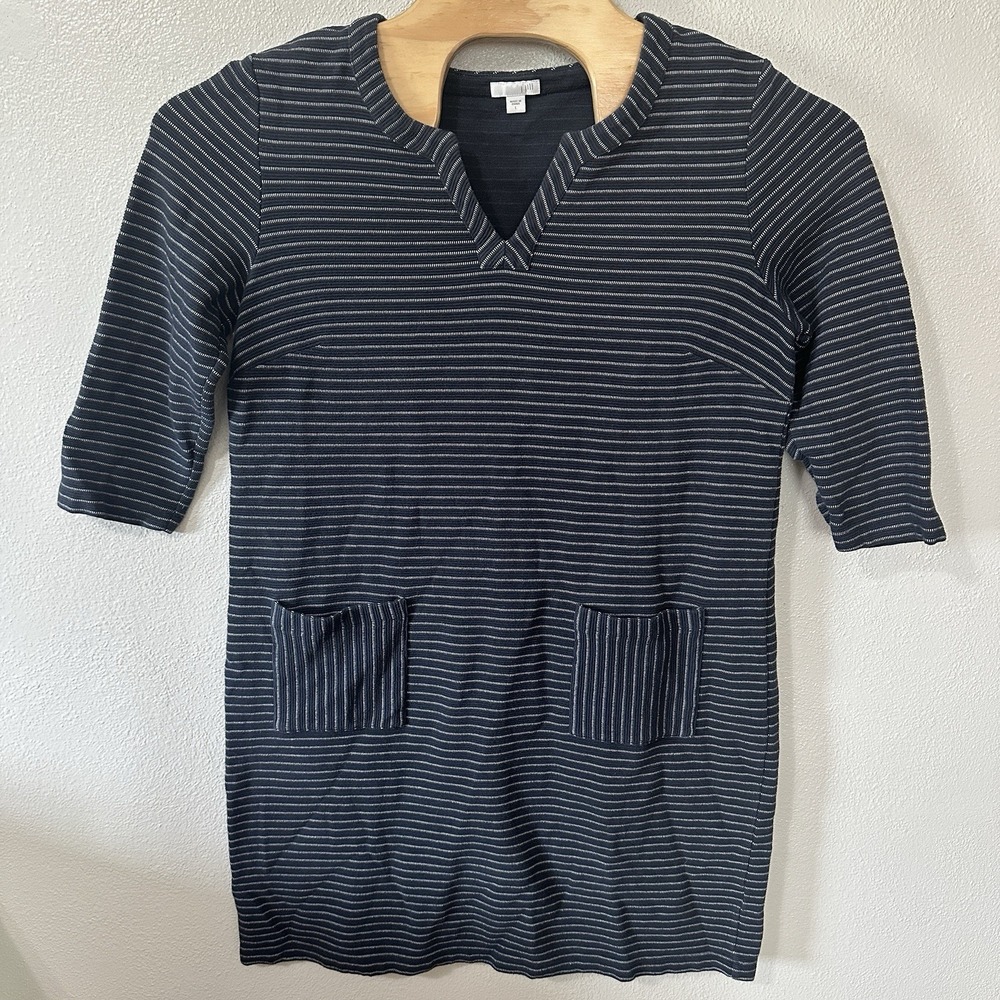 J Jill Womens Size Large Dress Tunic Navy Blue Striped Pockets‎ 3/4 Sleeve